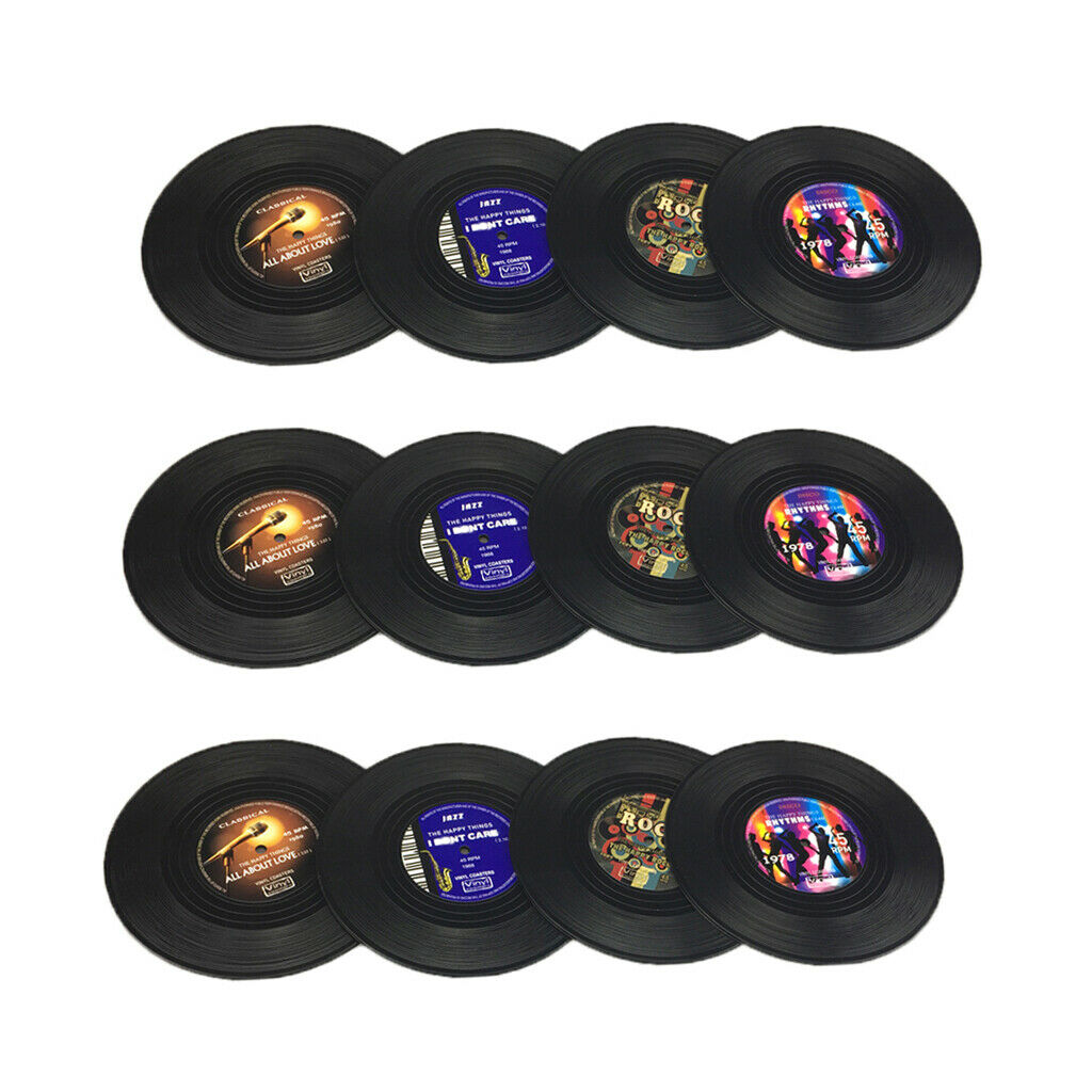 12 Pieces Drink Cup Mat Insulated Silicone Coaster Black Vinyl Record 10cm