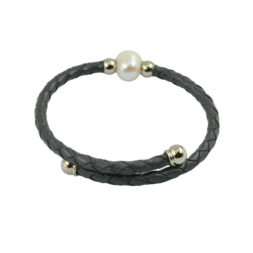 Handmade Leather Braide Rope Fresh Water Peal Wrap Bangle Bracelet Dark Grey