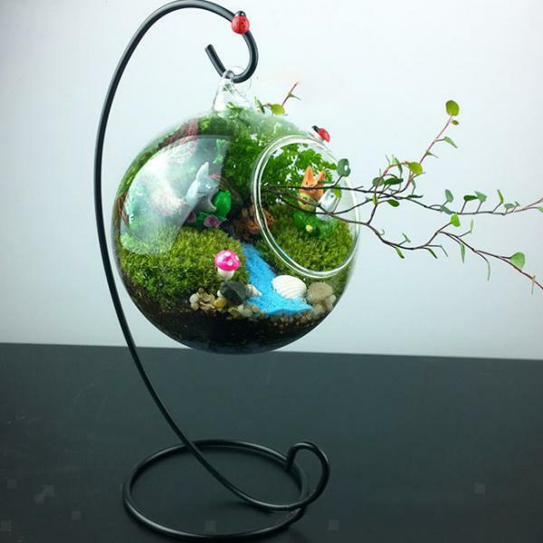 8cm Hanging Candle Holder Micro Landscape Terrarium Succulent Pot_Round Blk