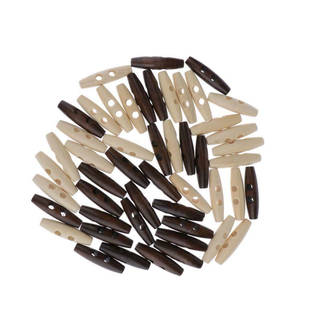 50Pcs Dark Coffee Beige Wood Toggle Buttons Horn Tooth Shape Two Holes For