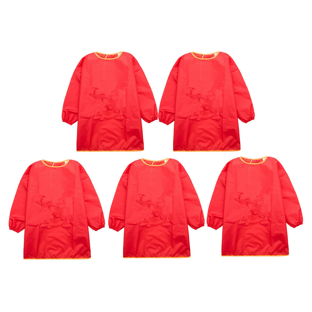 5 Pieces Kids Long Sleeve Drawing Apron Waterproof Eating Bib Size_M Red