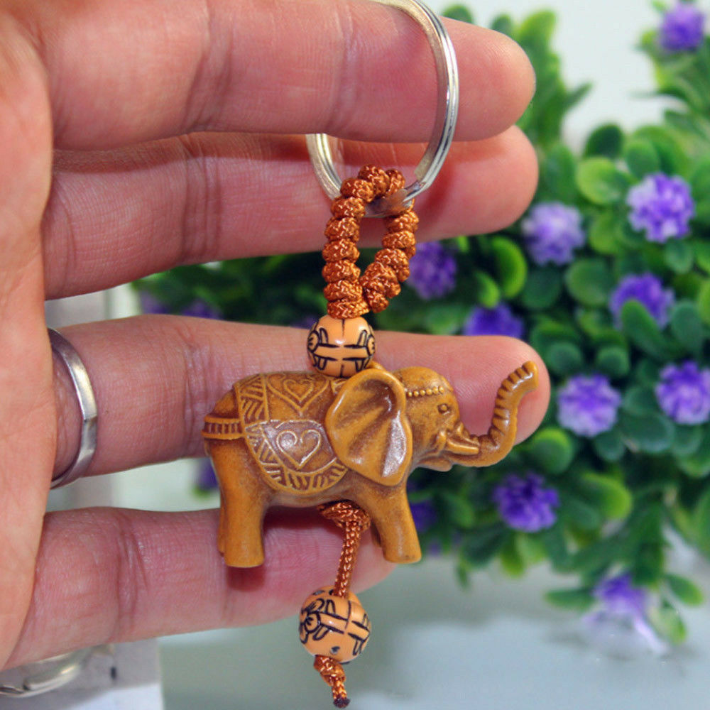 Handmade UNIQUE Lucky Elephant Carving Wooden Pendant Keychain Key Ring Gift