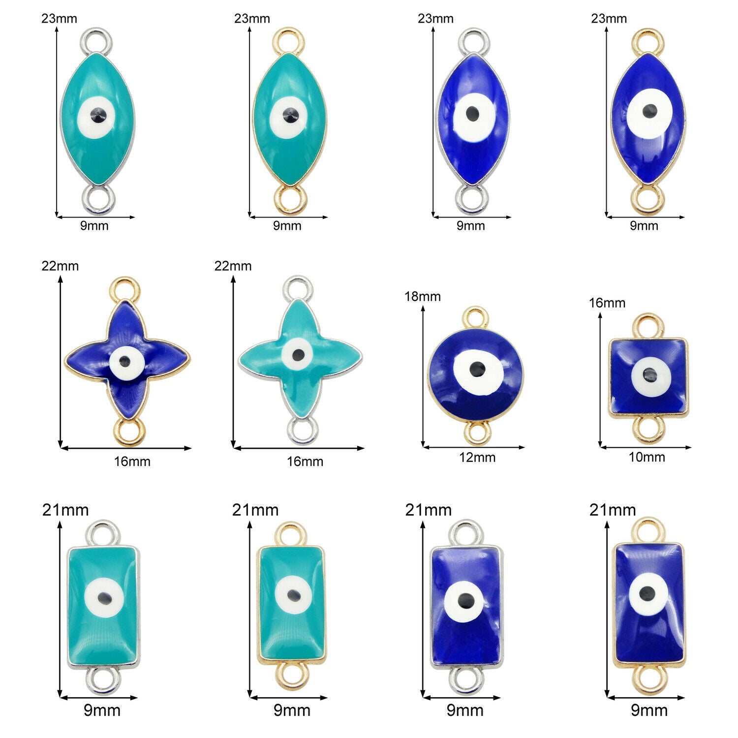 12 Mix Blue Alloy Evil Eye Enamel Charm Bracelet Pendant Connector Craft Jewelry