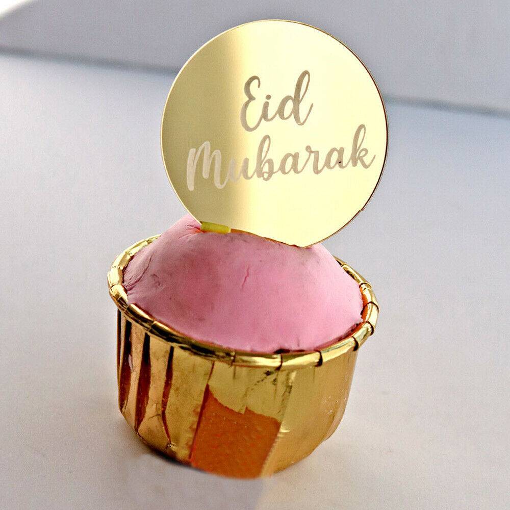 5Pcs Eid Mubarak Mirror Acrylic Cupcake Topper Muffincake Baking Party Decor 5cm