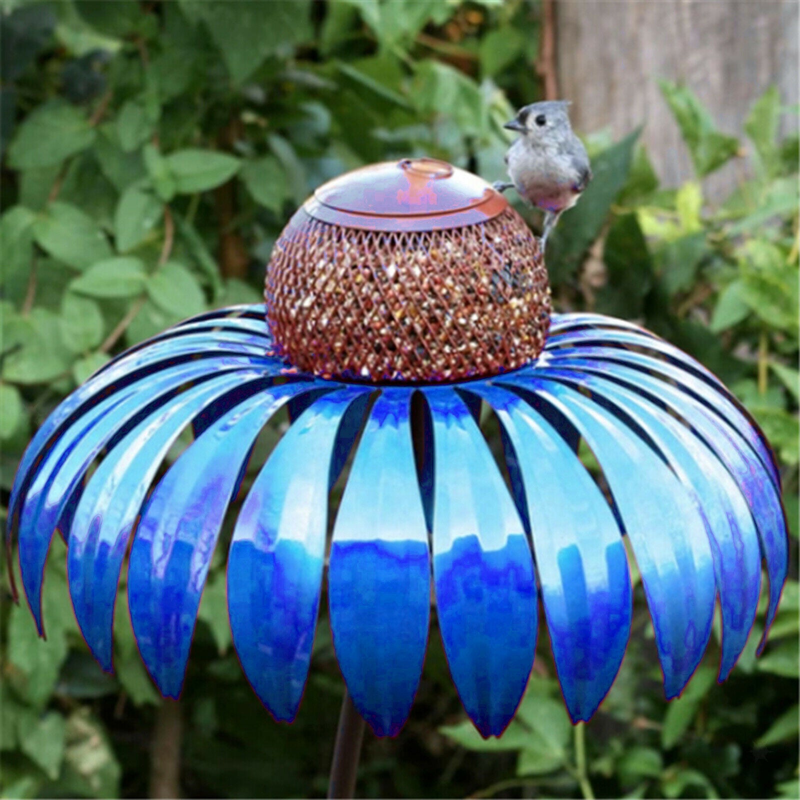 Metal Coneflower Bird Feeder Handpainted Stake Decorative Rust Resistant