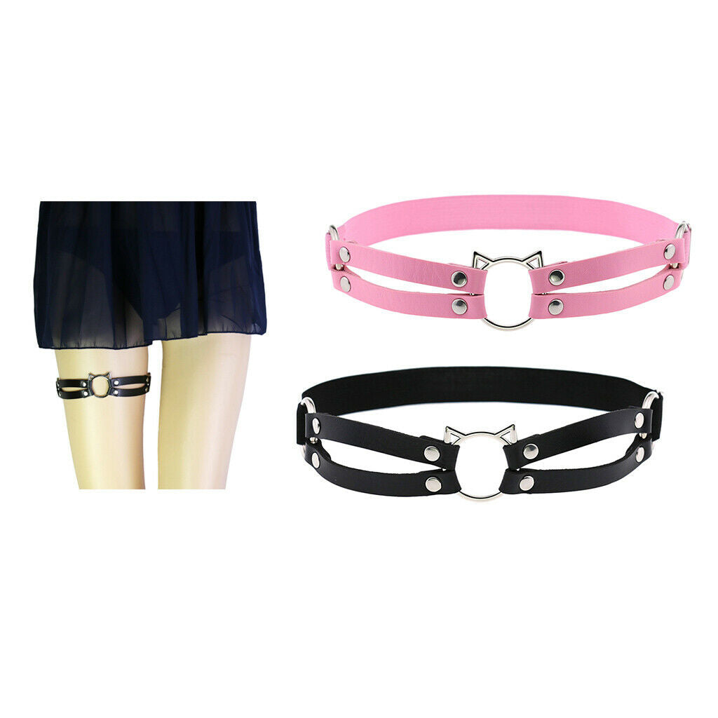 2pcs Sexy Gothic Leather Garter Thigh Ring Anti-Slip Punk Strap Pink+Black