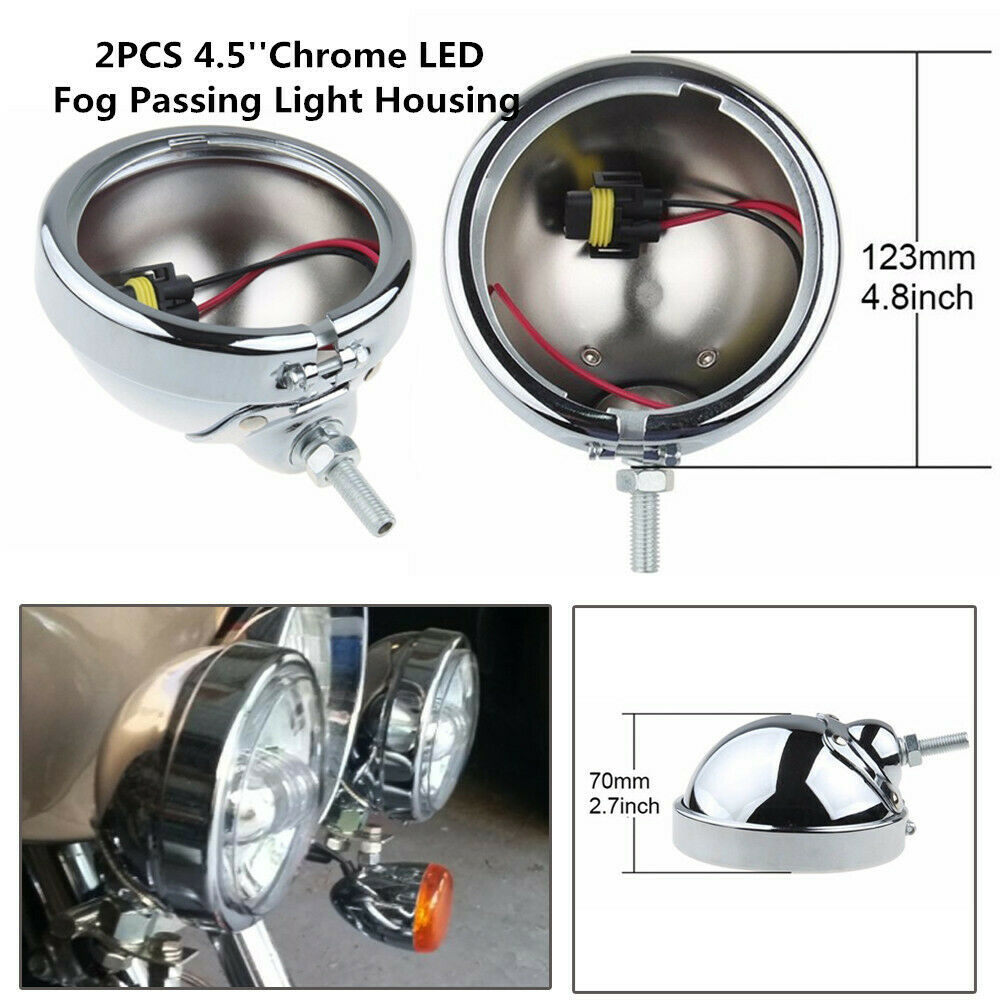 2PCS Motorcycle 4.5'' Chrome LED Fog Passing Light Housing Lamp Bulb Bucket