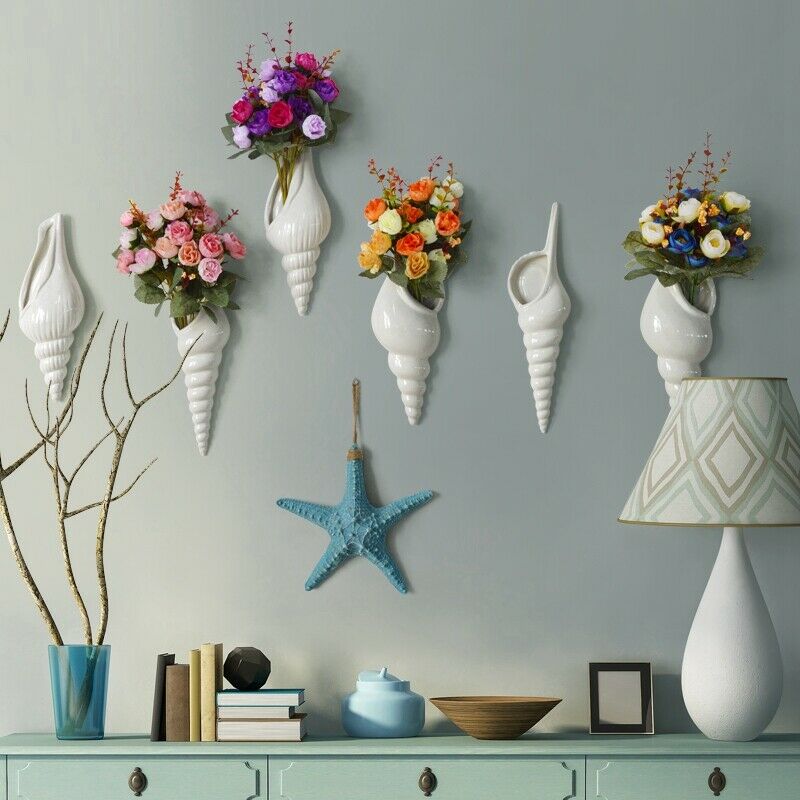 Modern White Ceramic Sea Shell Conch Flower Vase Wall Hanging Home Decor LivinB7