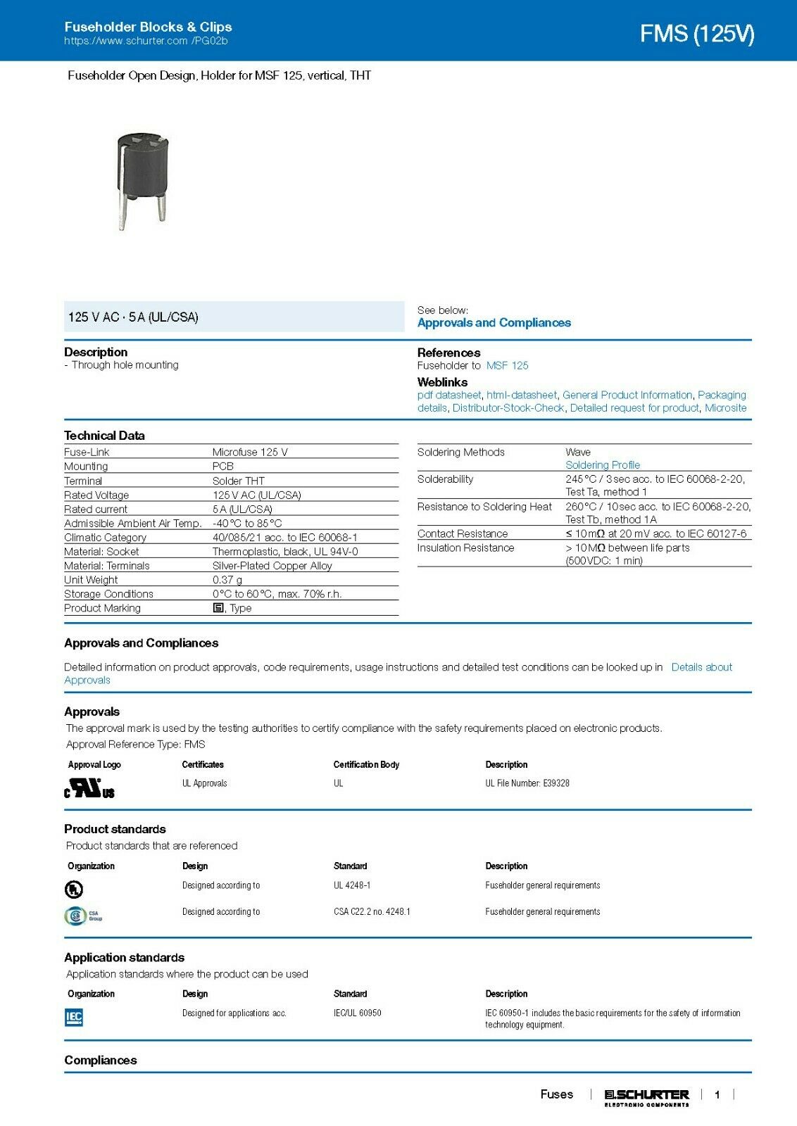 5pcs - SCHURTER 0031.7501 FMS 125V Holder for MSF Fuseholder