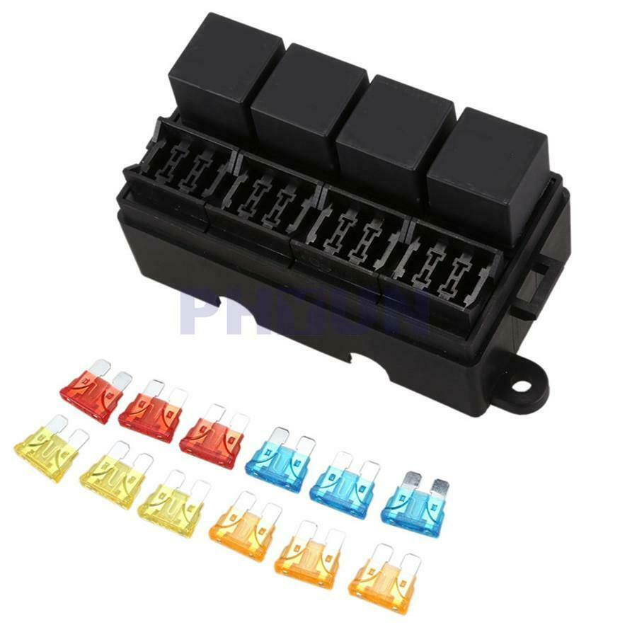 12 Way Blade Fuse Box 4-Relay Holder w/Spade Terminals 12V 40A For Car Truck SUV
