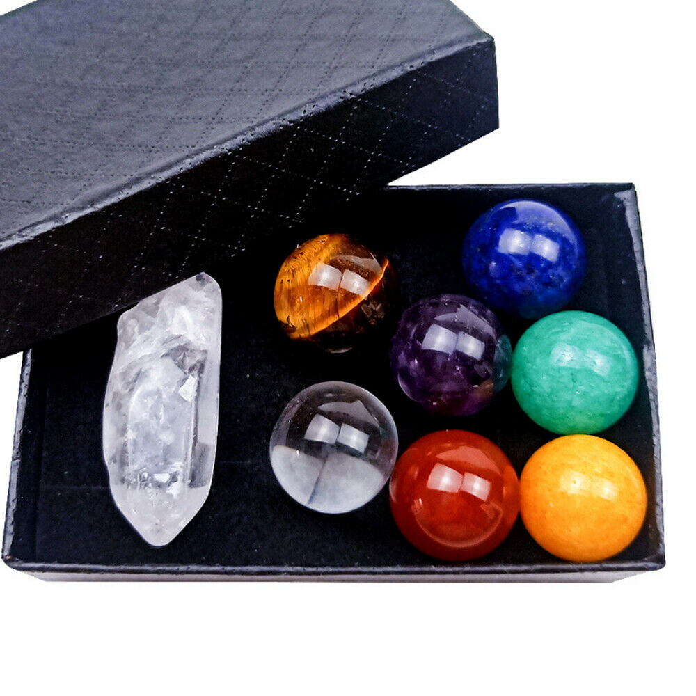 7 Chakra Stones Sphere Ball Reiki Healing Natural Gem Hexagonal Crystal Set