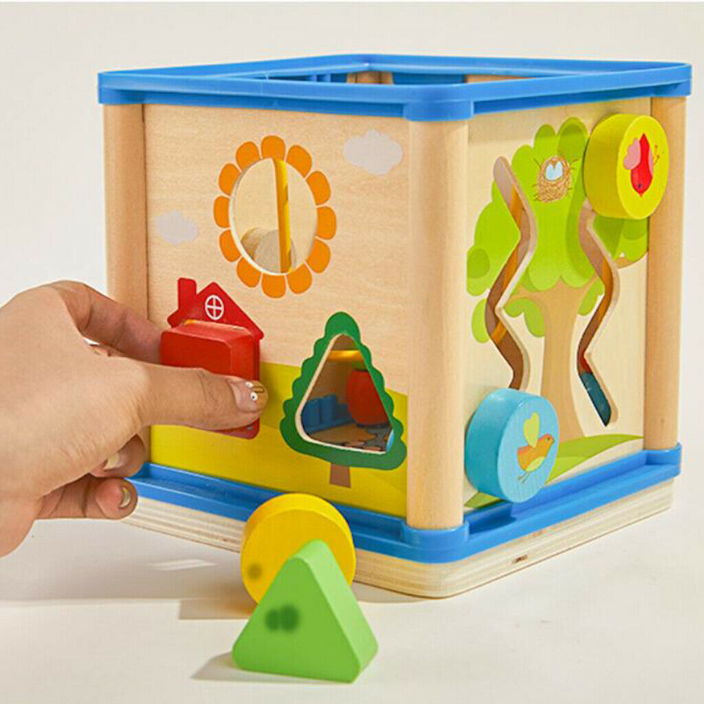 Wooden 5-Sided Activity Center with Beads Mazes, Gears, Shape Sorter Blocks,