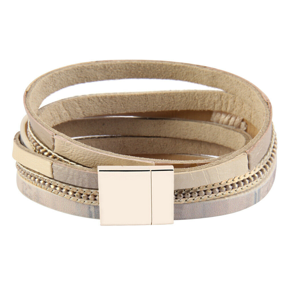 Boho Multi-layer PU Leather Bracelet Bangle Cuff with Rhinestone Light Brown