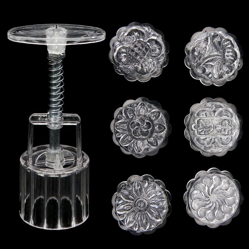 6 Flower Stamps Moon Cake Mould Transparent Round Mooncake Mold Baking Decor 50g
