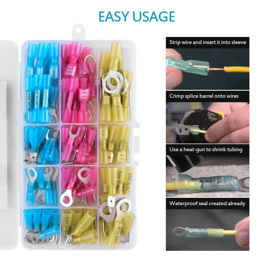 120PCS Assortment Heat Shrink Ring Spade Fork Crimp Terminals Wire Connectors