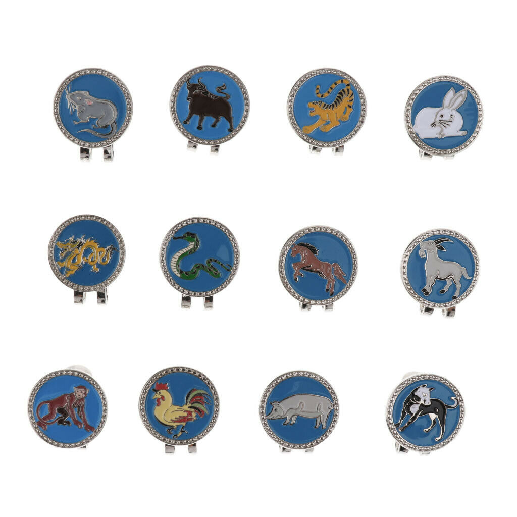 12 Pieces Chinese Zodiac Magnetic Hat Clip Golf Ball Markers with Gift Box