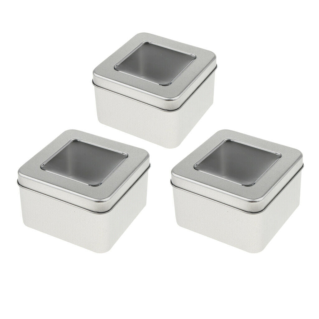 Set of 3 Small Tin Box Container, Square Empty Tin Storage Case (Clear Top,