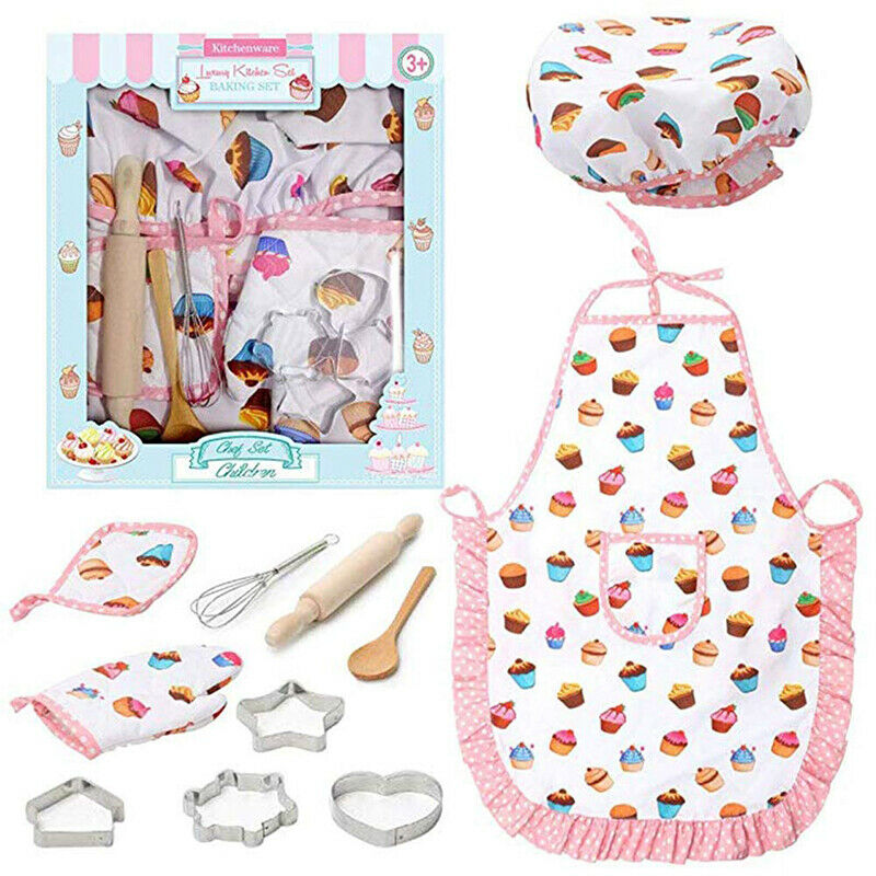 13Pc Chef Set for Children Kitchen Role Play Cooking Baking Costume Apron Hat HN