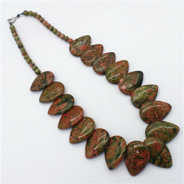 1 Strand Natural Unakite Jasper Overlapping Flat Teardrop Beads Necklace HH7375