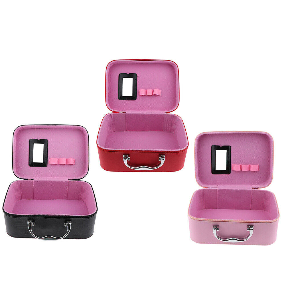 Handheld Leather Makeup Train Case Cosmetic Organizer Bag With Mirror Zipper