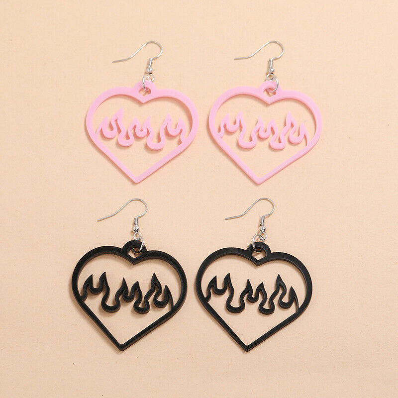 Black Pink Big Peach Heart Hollow Out Dangle Earrings Fashion Flame Ear J.l8