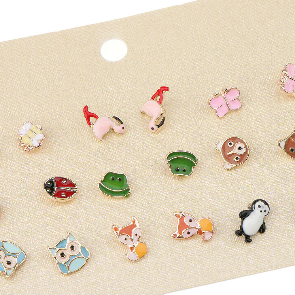 9 Pairs Lovely Mixed Color Lowrie Ladybug Flamingo Owl Frog Stud Earrings Sets