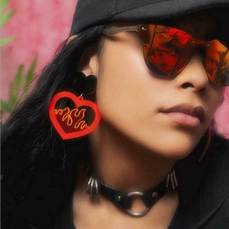 Acrylic Red Heart Fire Dangle Earrings Pendant Statement Women Fashion Jewelry