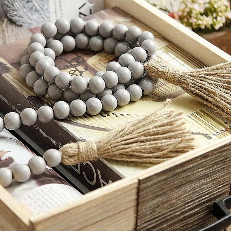 Wood Bead Garland with Tassels,Farmhouse Beads Rustic Country Decor Prayer BO3V4