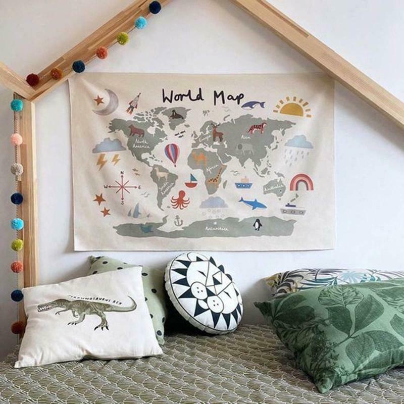 Nordic Educational Kids Room World Map Art Canvas Wall Hanging Painting Picture