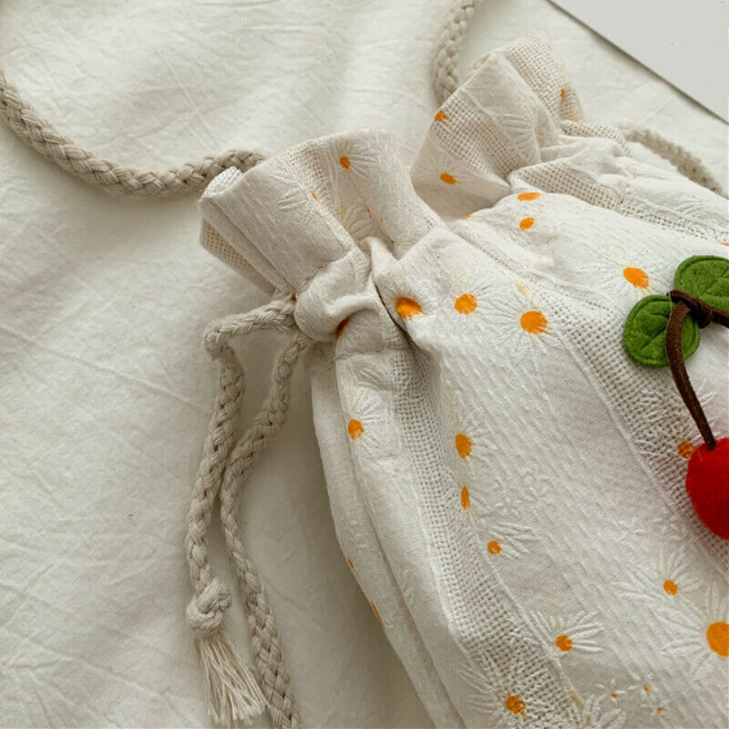 Girls Bucket Bag Canvas Floral Crossbody Handbag Drawstring Sack Cherry Ornament