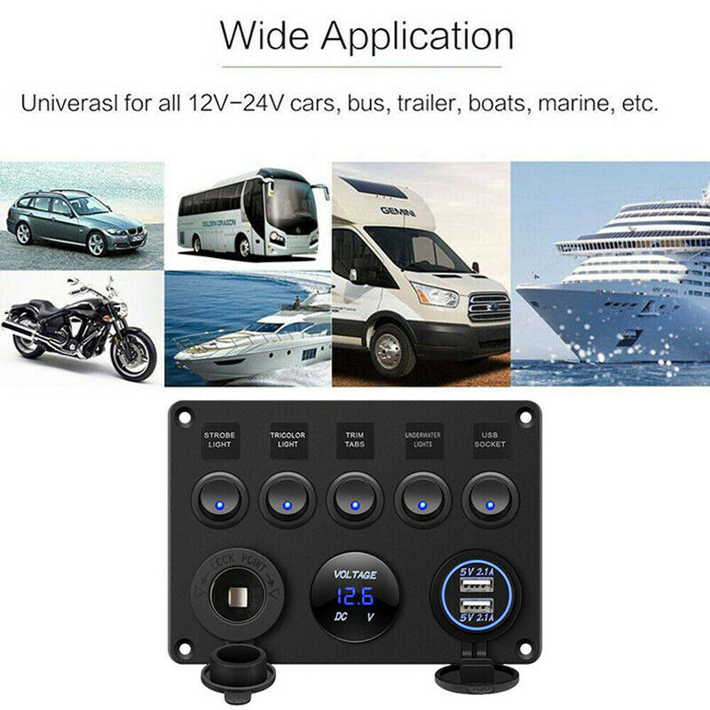 5 Gang Switch Panel 12V/24V Car Boat Marine Blue LED Rocker Breaker ControlsBDA