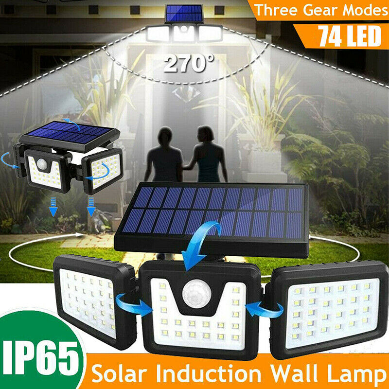 74LED 3 Heads Outdoor Solar Motion Sensor Flood Light Garden Pathways Wall Lamp