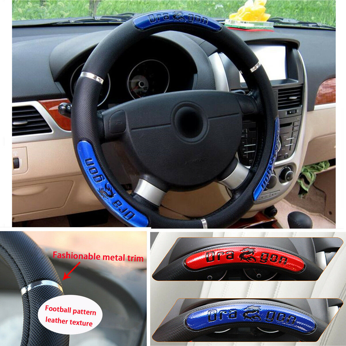 15 Inch PU Leather Car Dragon Word Pattern Black Steering Wheel Cover +Blue Icon