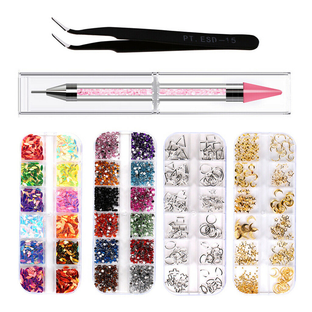 6x Shimmer Nail Rhinestones Glitters Design Pointed Tweezer Dotting Tools