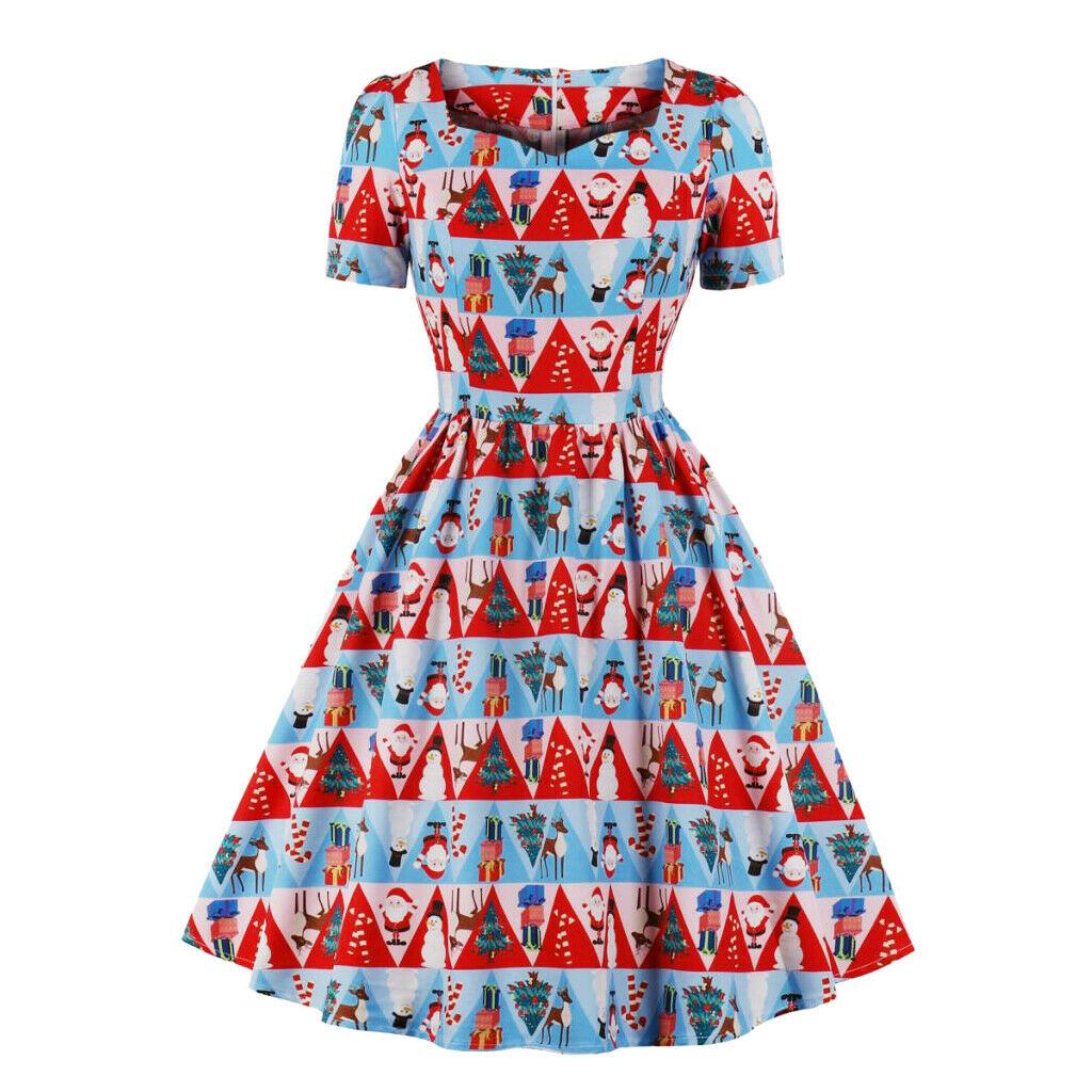 Women's Short Sleeve A Line Dress Xmas Santa Print Party Swing Dress  L