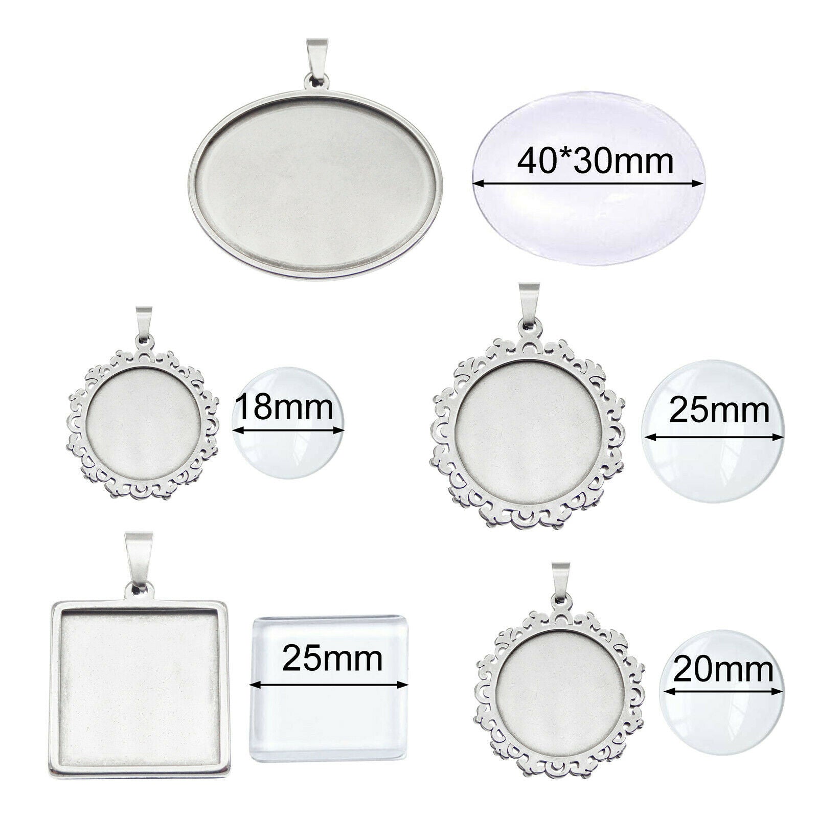 5 Mix Stainless Steel Bezel Frames with Glass Cabochons Photo Art Pendant DIY