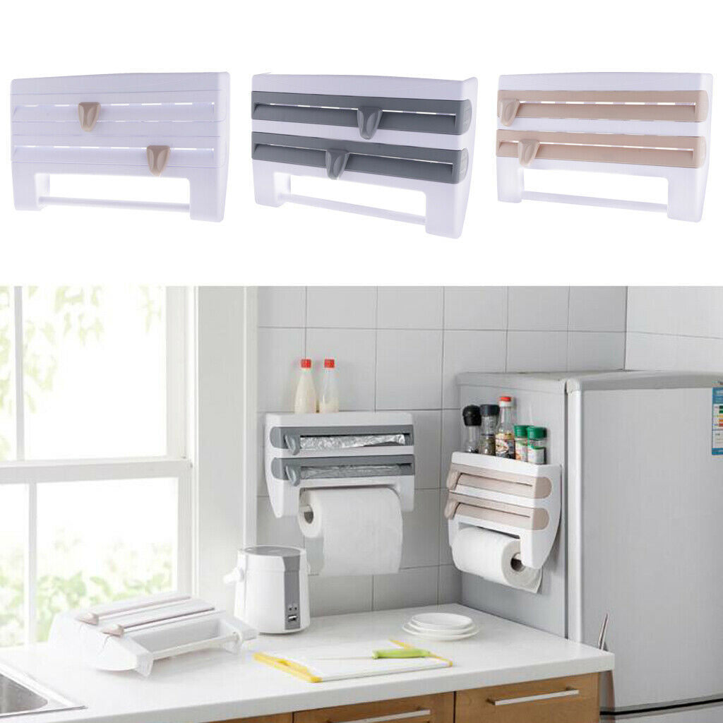 Kitchen Towel Foil 4-in-1 Roll Holder Cling Film Dispenser Wall Rack Brown