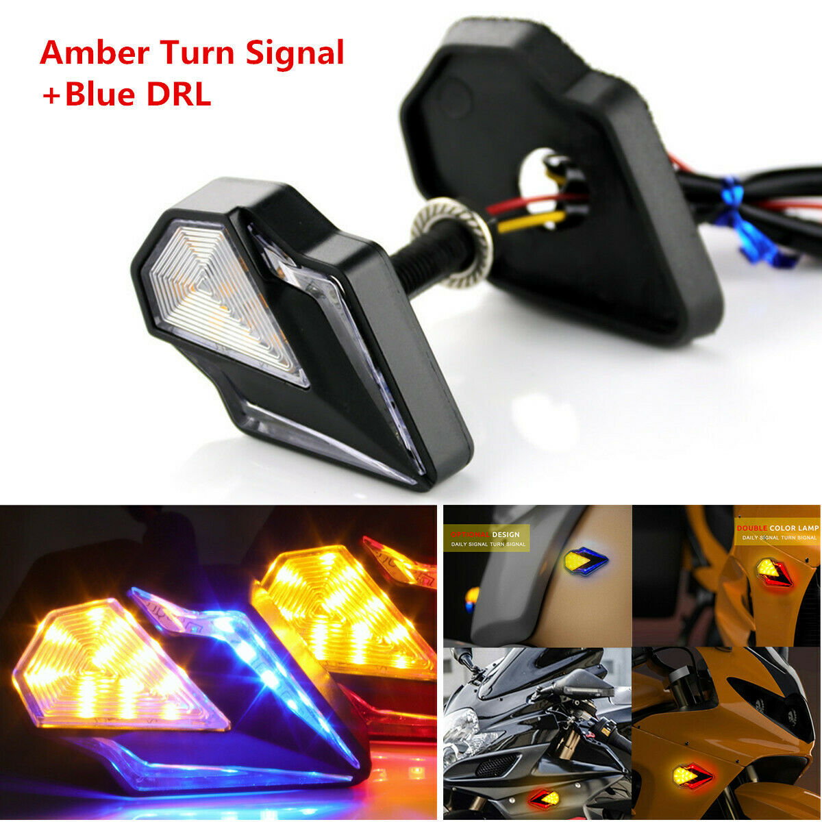 Pair Dual Color Amber & Blue Motorcycle ATV LED Turn Signal Indicators DRL Light