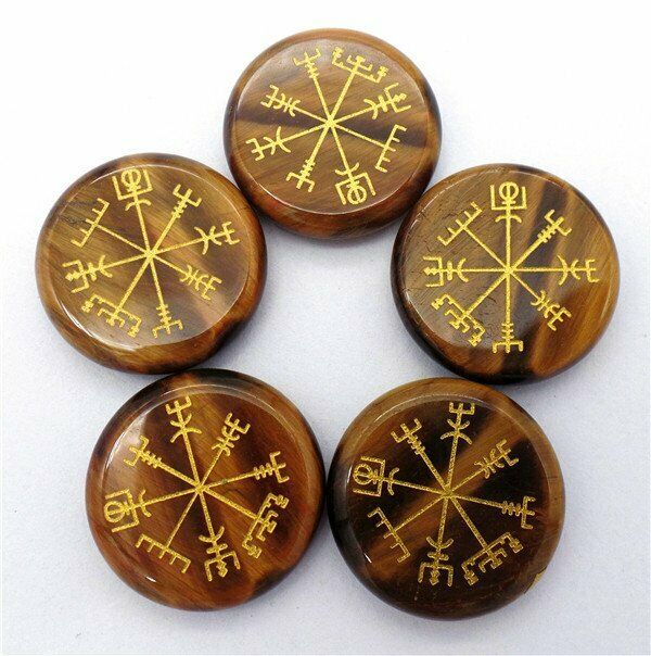 5Pcs 25x6mm Natural Tiger Eye Gem 7 Chakra Symbol Healing Reiki Stone HH7693