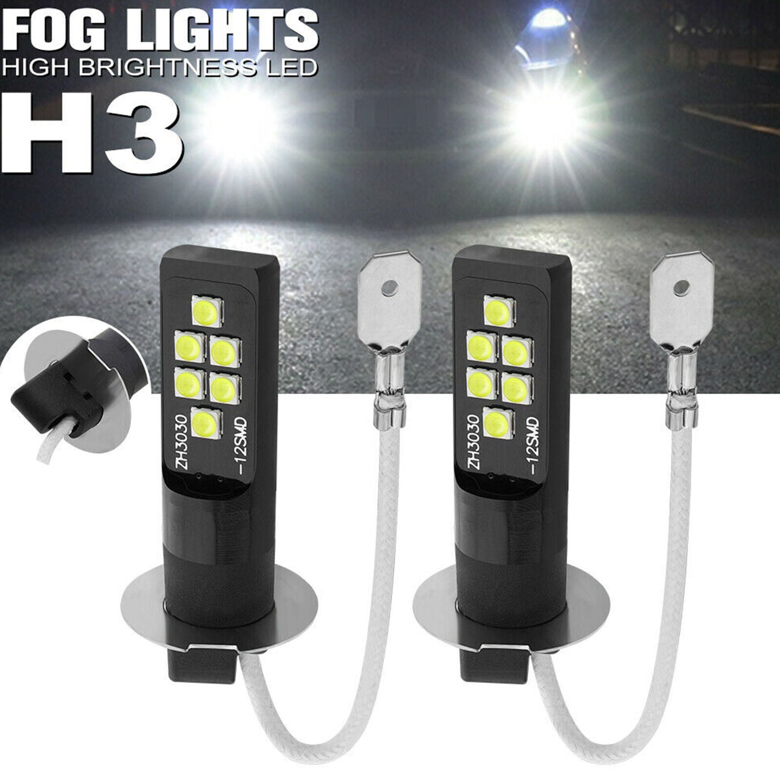 2pcs H3 LED Bulb 3030 SMD 6000K White Car Fog Light High Bright DRL Driving Lamp