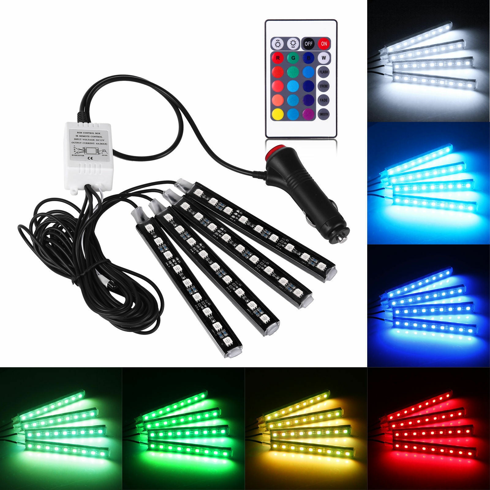 4x 9 LED Remote Control Colorful RGB Car Interior Floor Atmosphere Light Strip