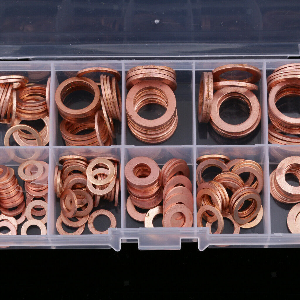 200 Pieces Flat Ring Copper Washer Gasket Assortment Set with Box