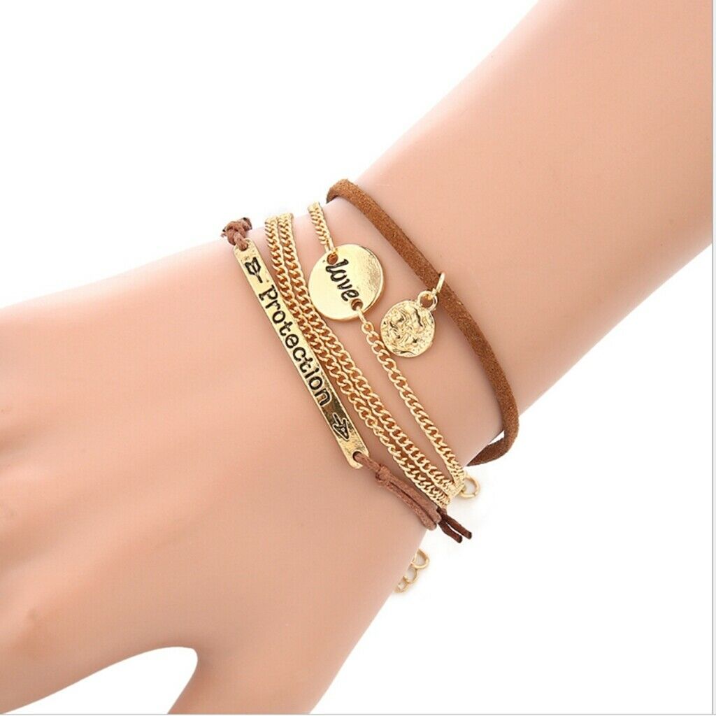 Womens Love Letter Multilayer Chains Metal Coins Bracelet Leather Rope 18cm