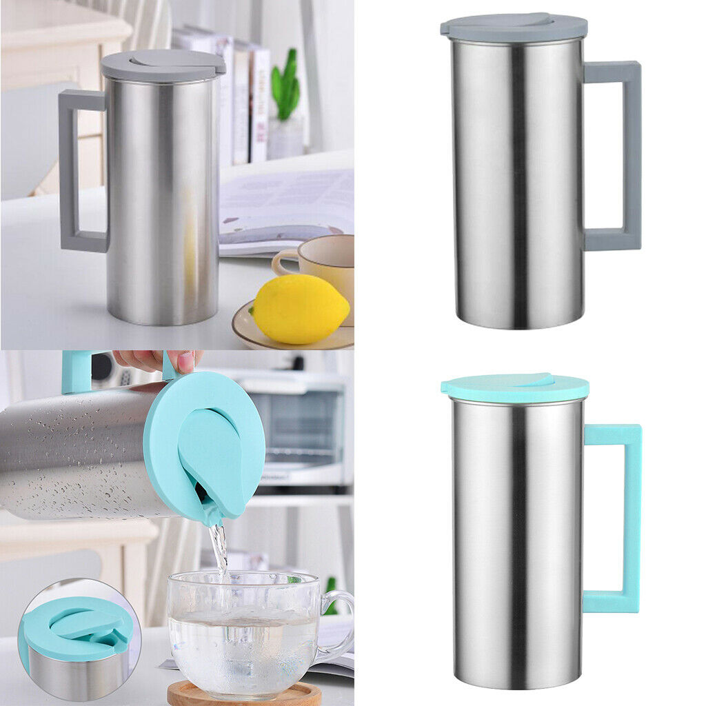 2 Pcs Stainless Steel 1.8L Water Pitcher Grey Juice Jar Kitchen Cafe Serving -