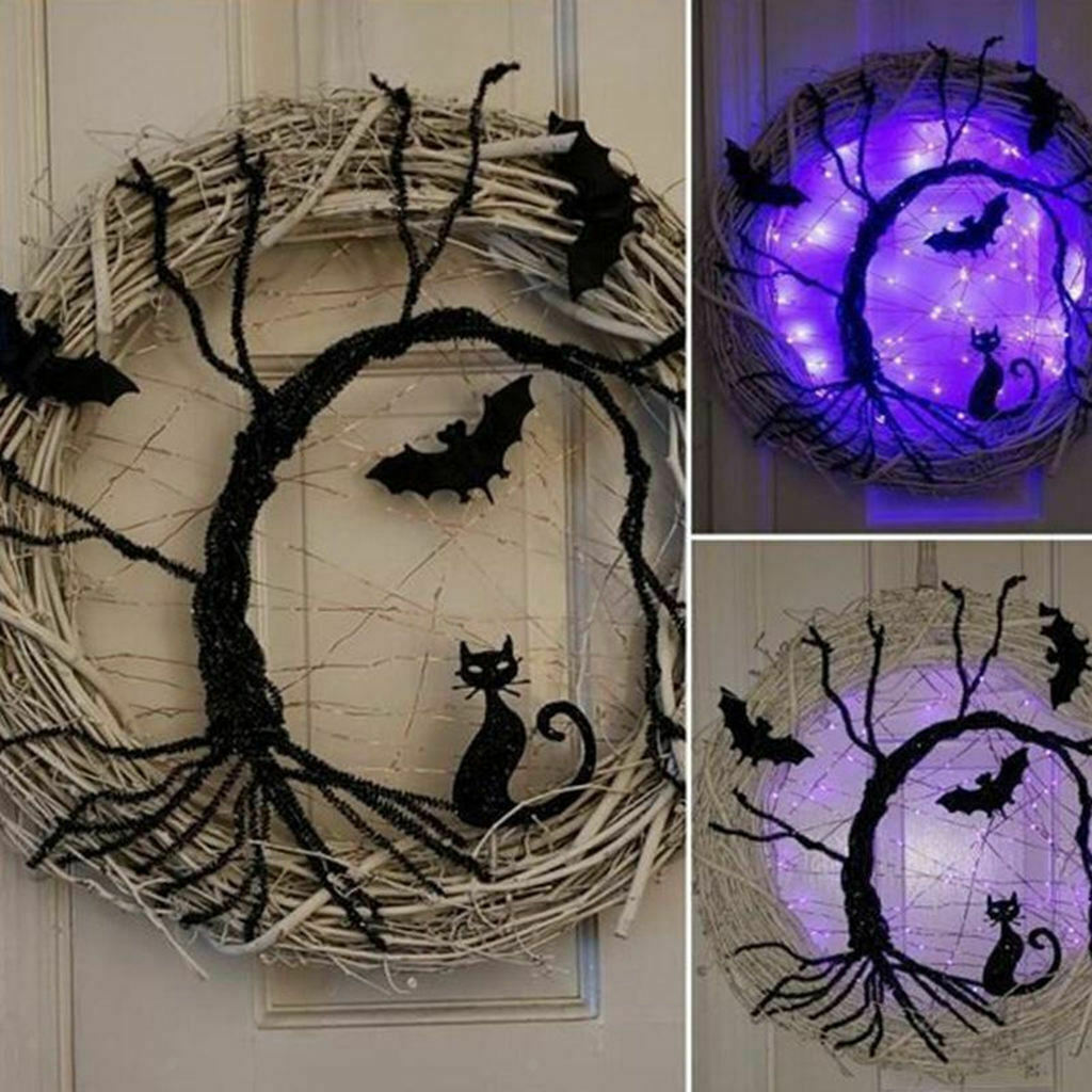 Happy Halloween Wreath Lighted Decor Black Bat Cat Purple Lights for Outdoor