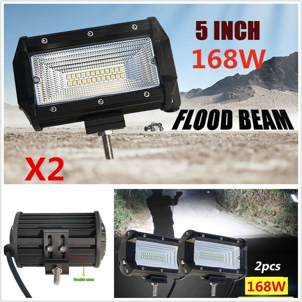 2x 24LED 168W Car Off Road Work Light Bar Flood Beam Driving Fog Lamp w/ Bracket