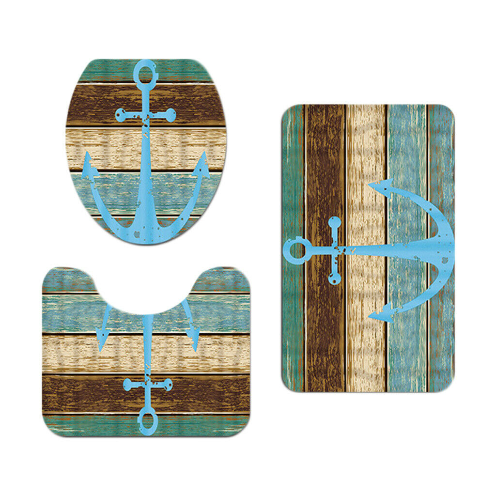 3 Pcs Bathroom Set Non-slip Rug Toilet Cover Pedestal Mat Marine Theme