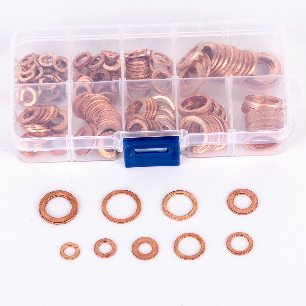 M5-M14 Copper Washer Gasket Nut Set Flat Ring Seal Assortment Kit Box 200pcs