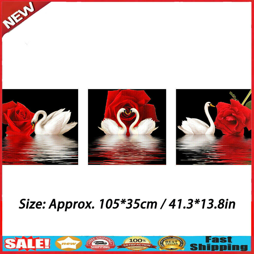3 Panel DIY Full Drill Round Diamond Painting Swan Cross Stitch Mosaic Kit Decor
