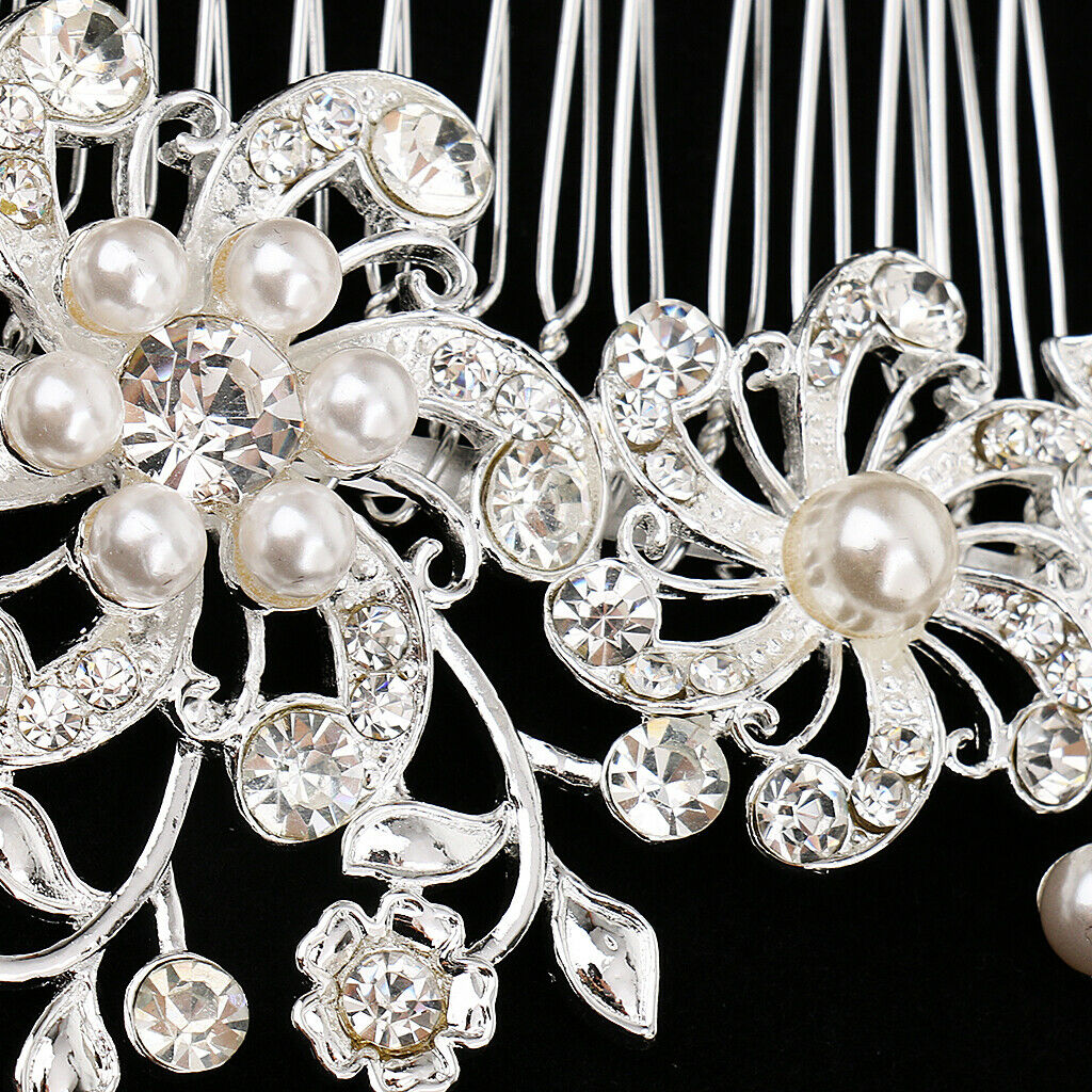 Women Bridal Wedding Flower Crystal Rhinestones Pearls Hair Clip Comb